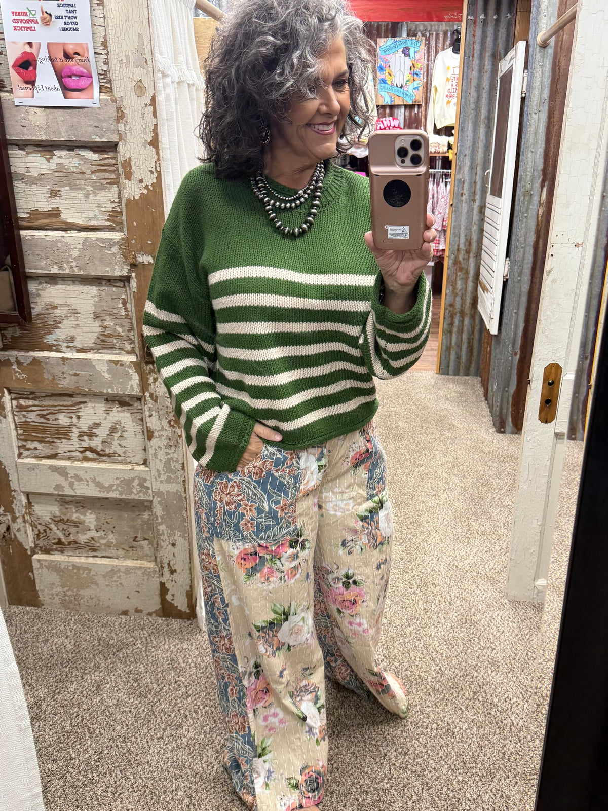 Olive & Oatmeal Striped Loose Fit Crew Neck Sweater Top