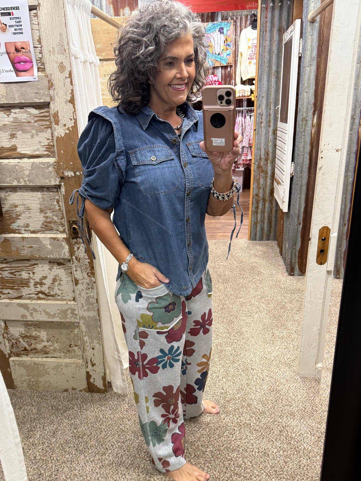 Easel Heather Grey Floral Terry Knit Pants