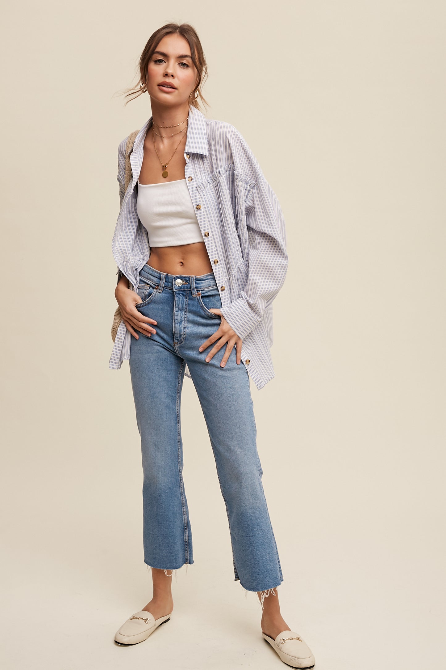 Pinstripe Button Up Shirts Top