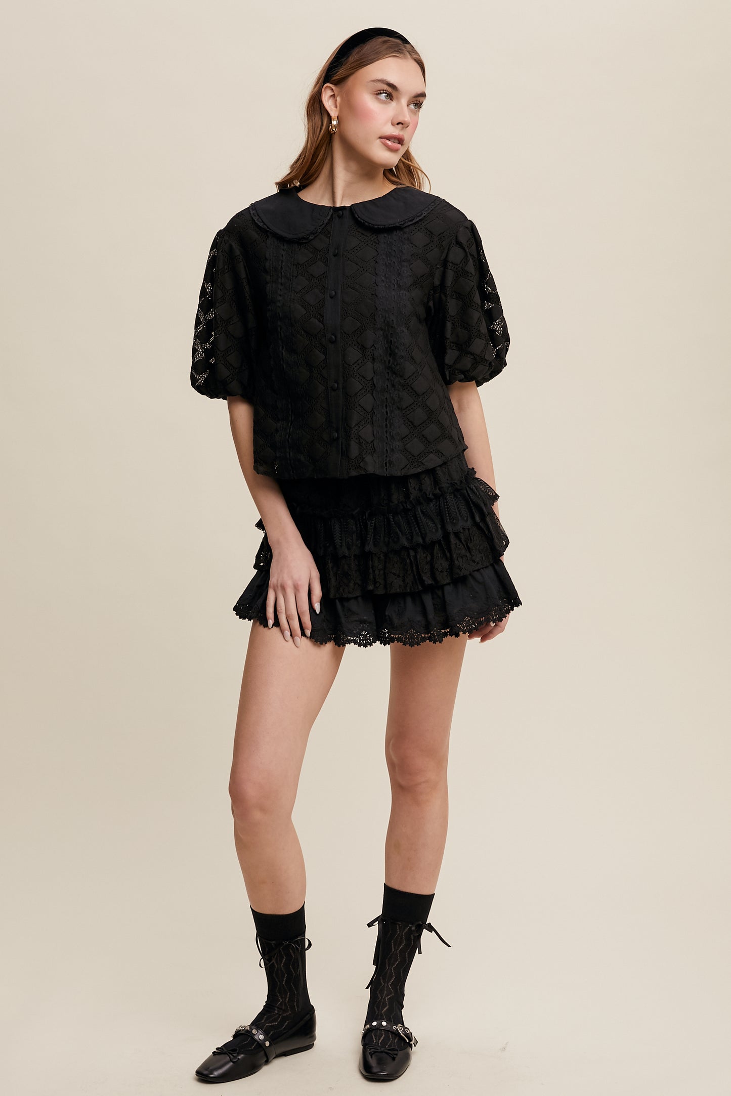 Black Lace Tiered Shorts with Ruffle Details