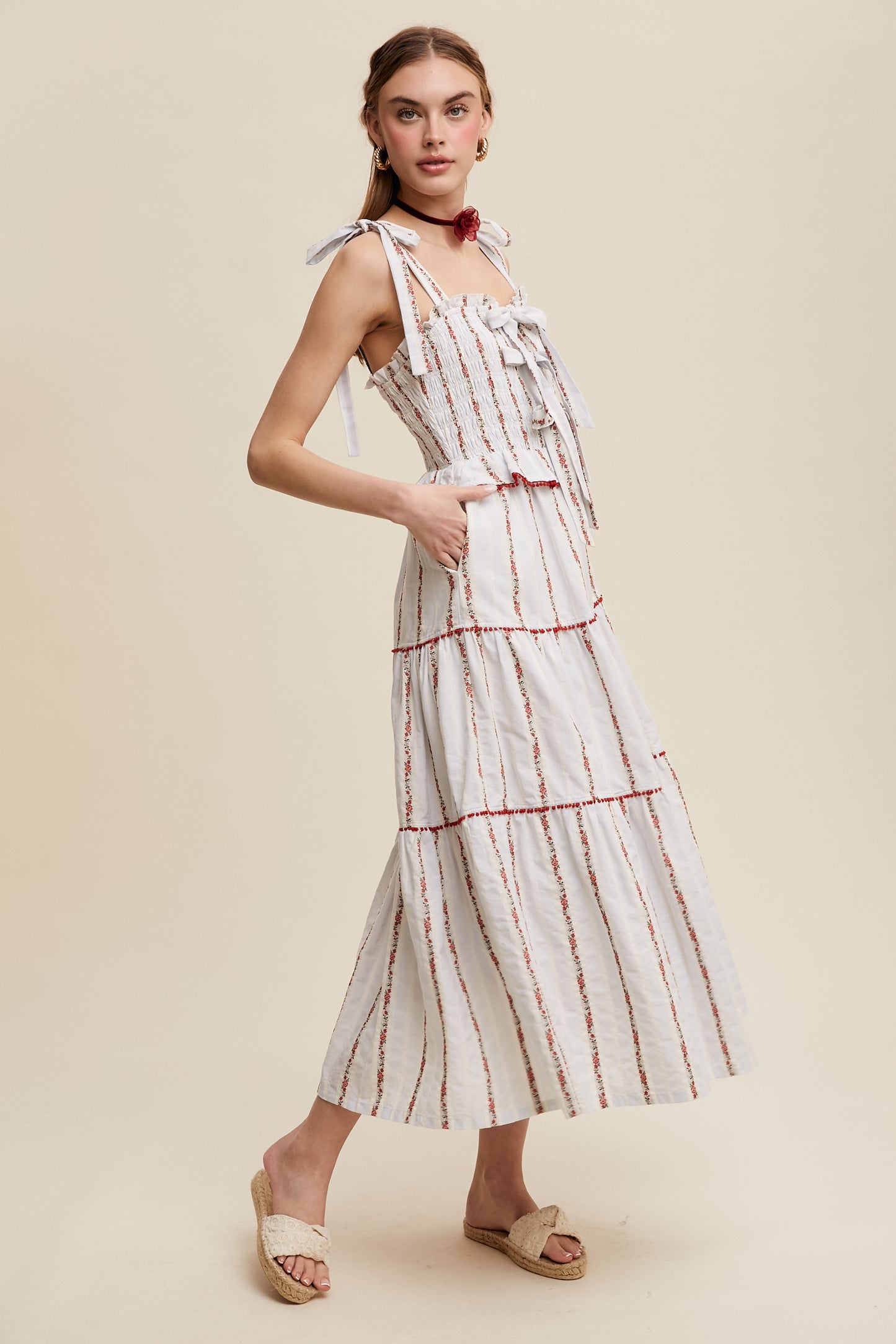 Tiered Red Floral Embroidered Maxi Dress