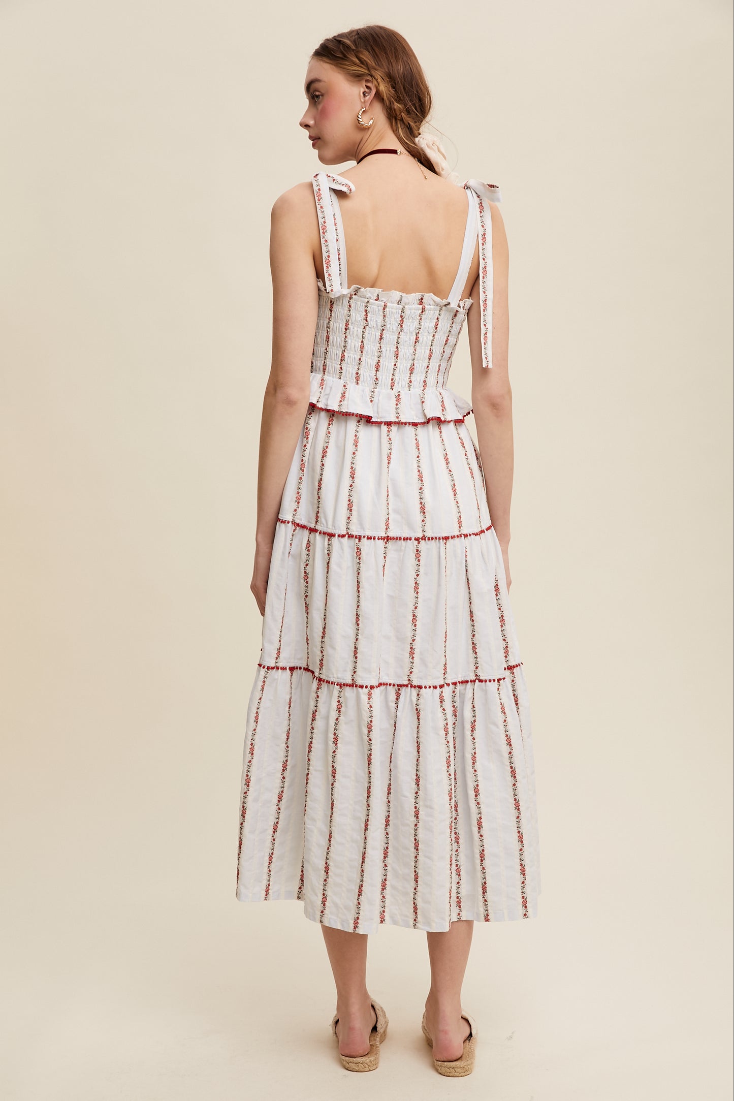 Tiered Red Floral Embroidered Maxi Dress