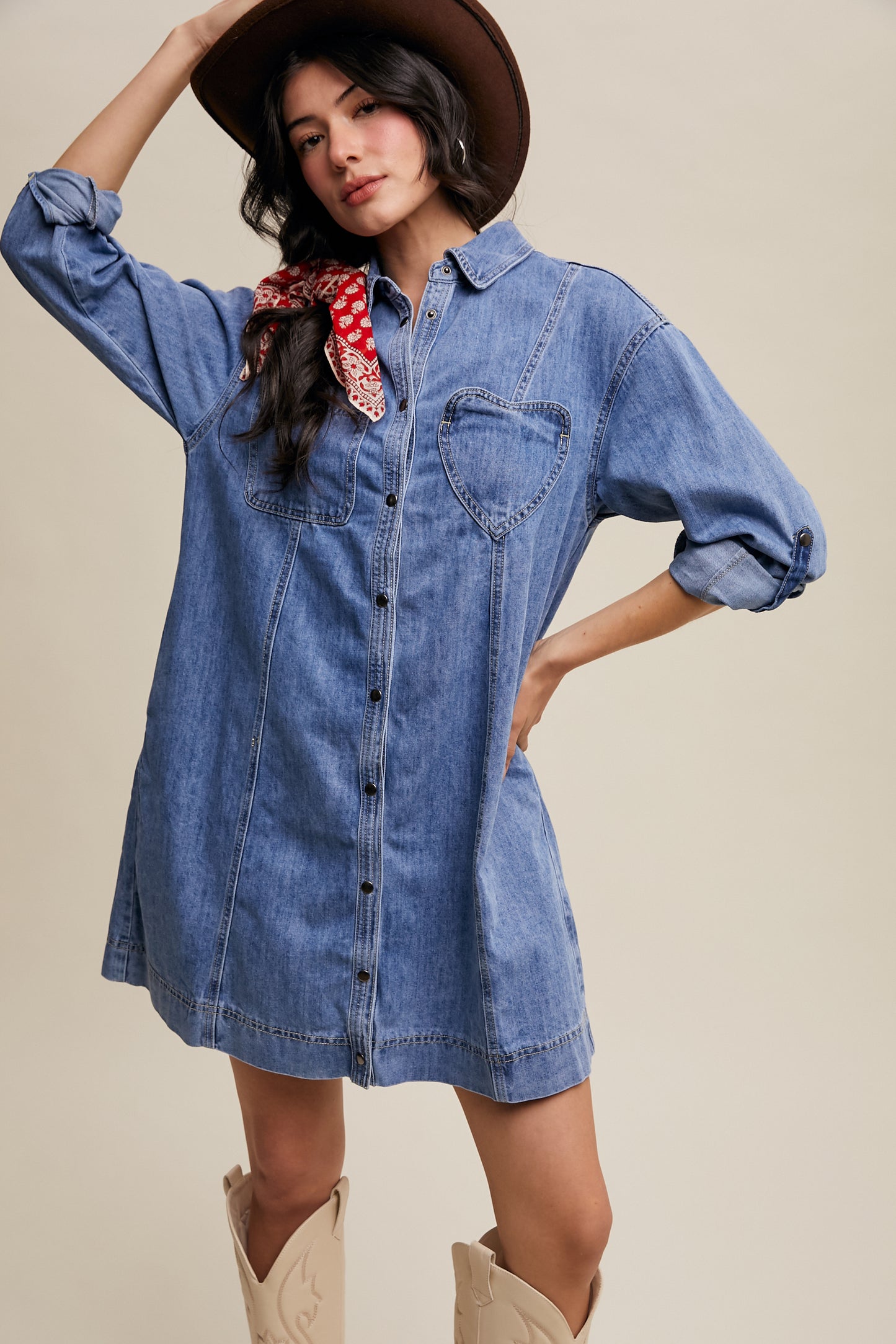 Denim Heart-Pocket Shirt Dress