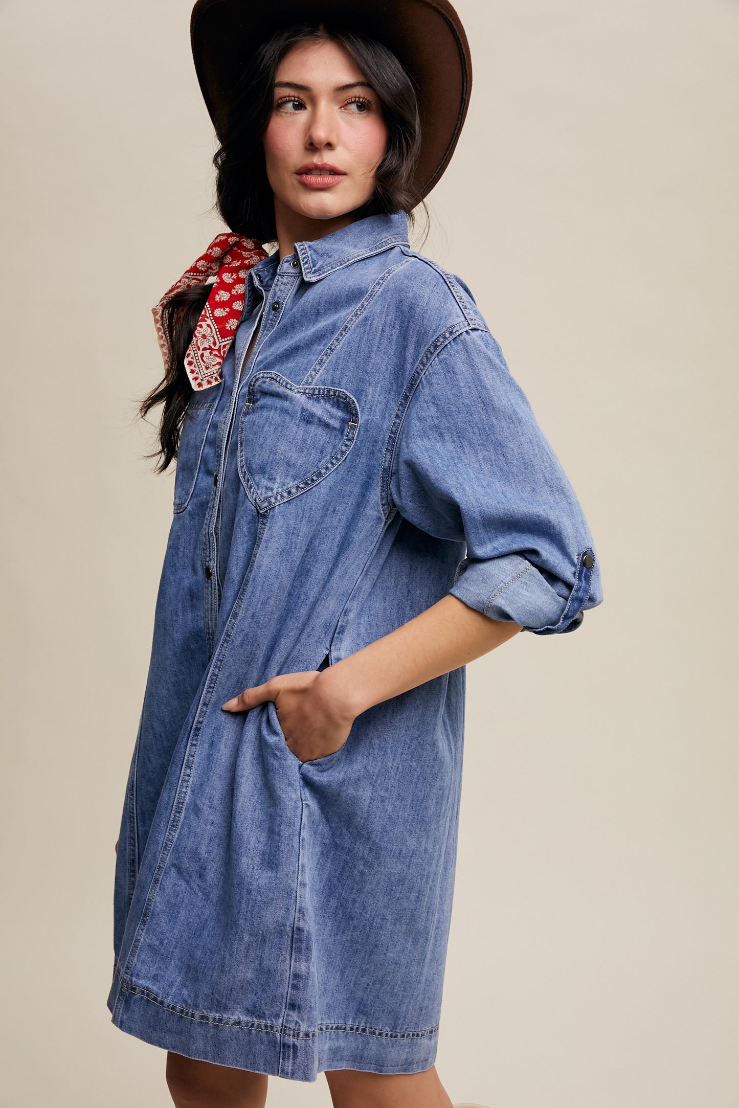 Denim Heart-Pocket Shirt Dress