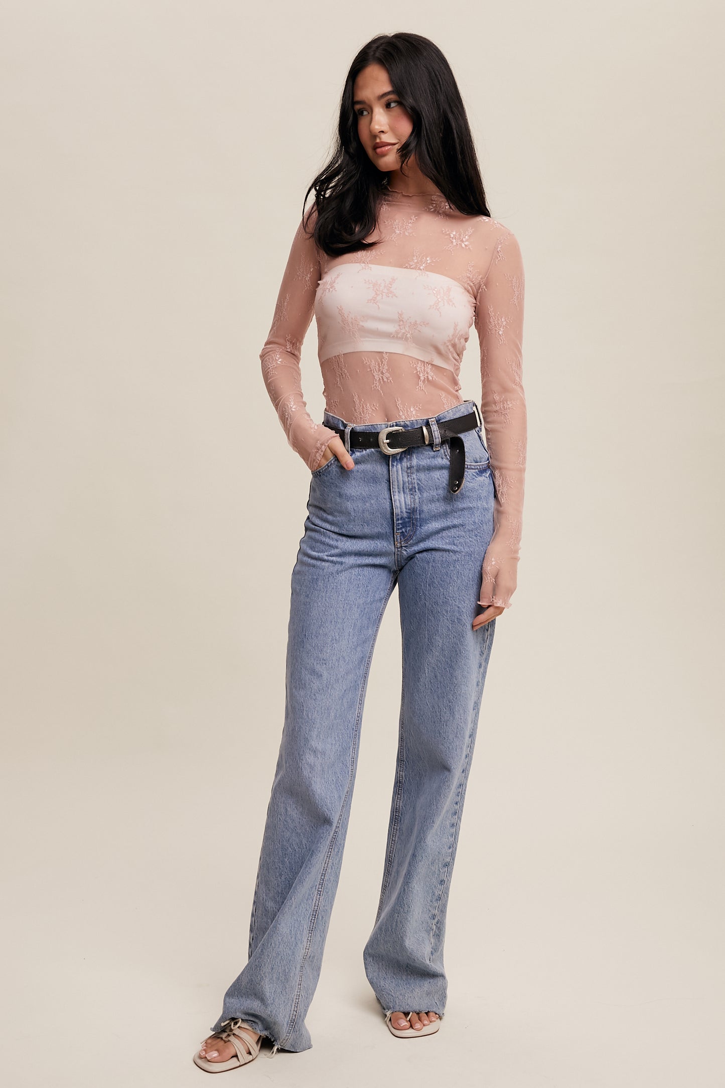 Blush Sheer Lace Long-Sleeve Top