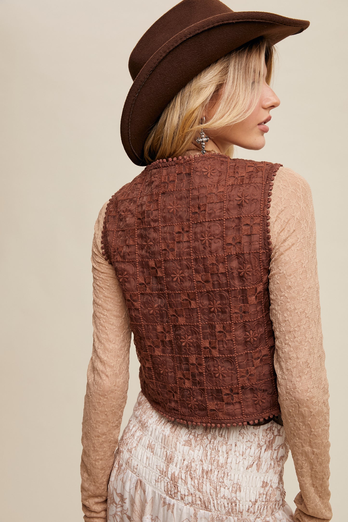 Mocha Embroidered Lace Tie-Front Vest