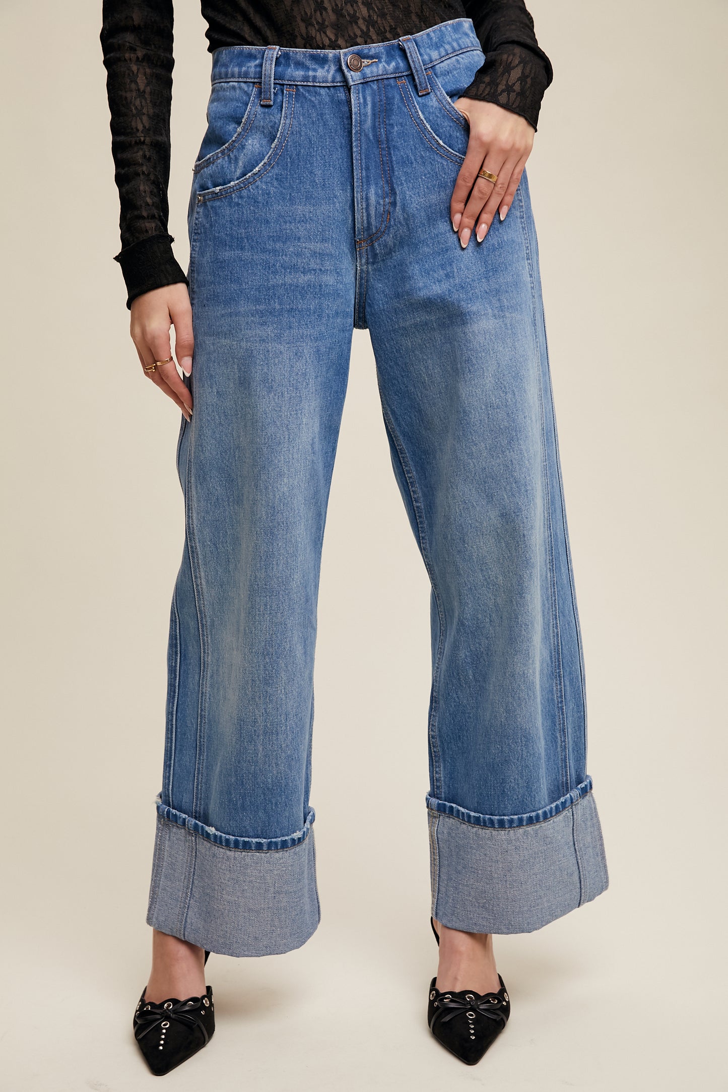 Cuffed Wide Leg Denim Jeans