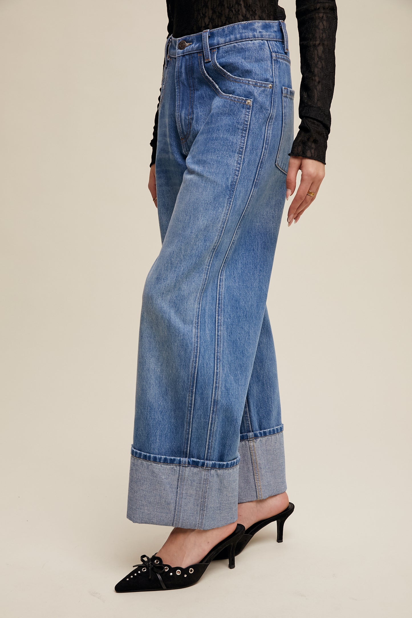 Cuffed Wide Leg Denim Jeans