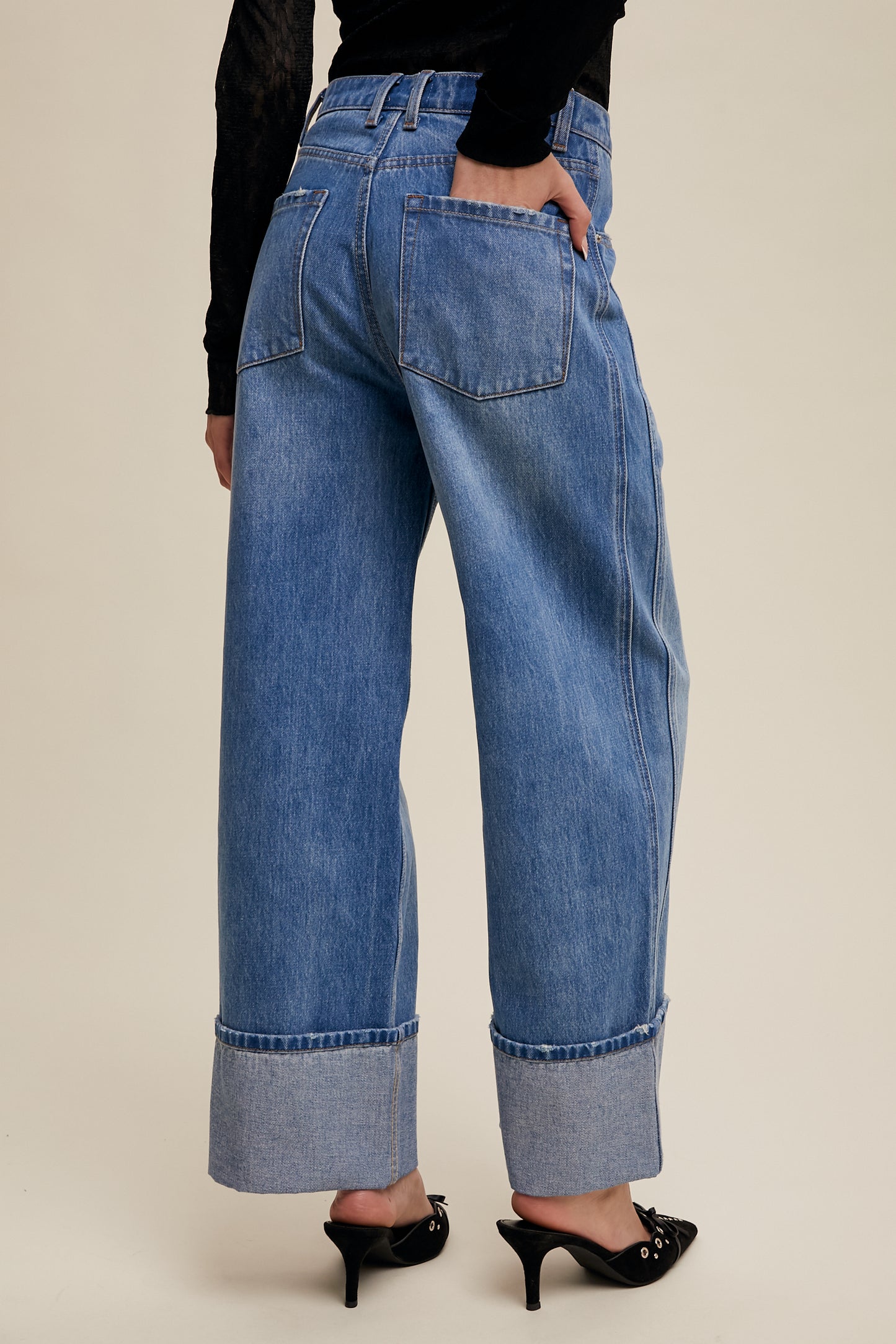 Cuffed Wide Leg Denim Jeans