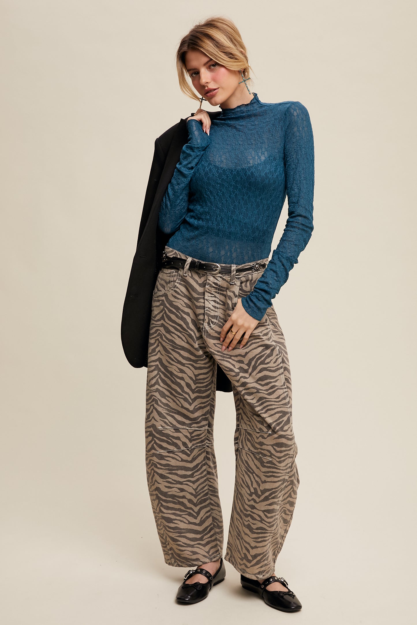 Zebra Mocha Print Barrel Jeans