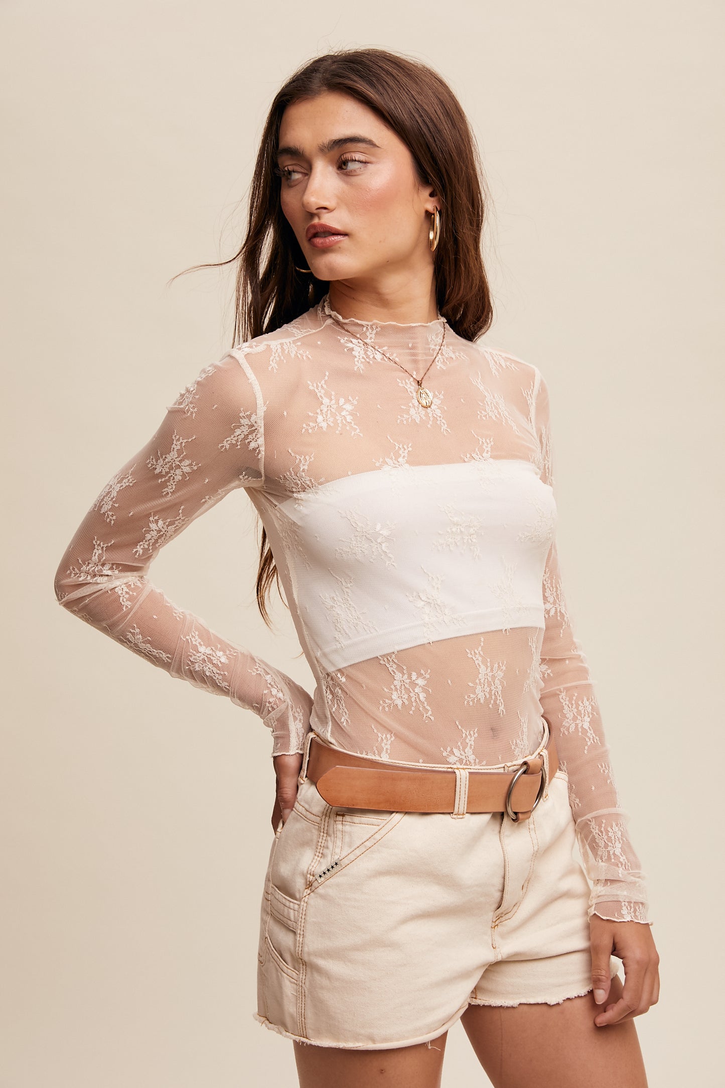 Beige Sheer Lace Long-Sleeve Top