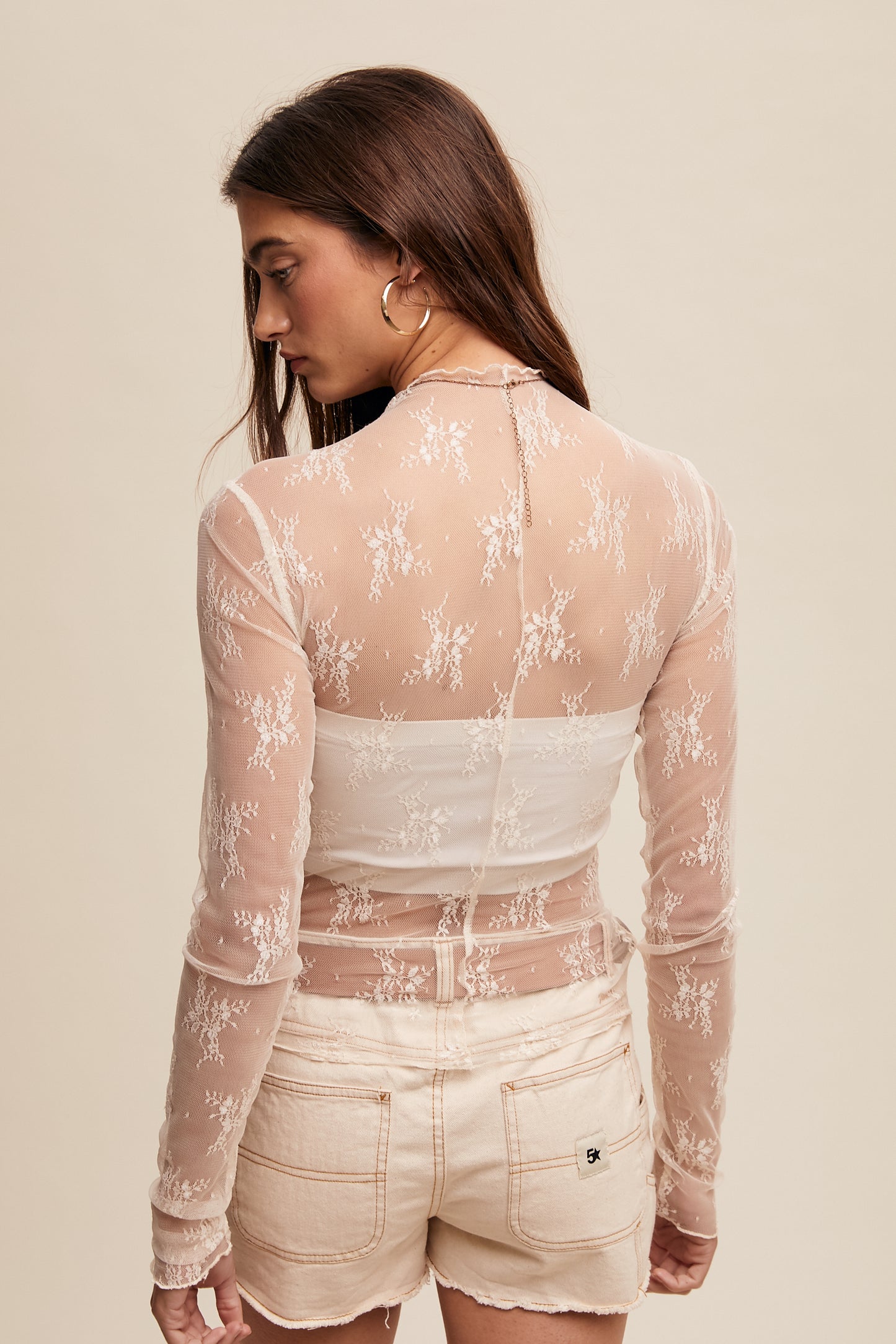 Beige Sheer Lace Long-Sleeve Top