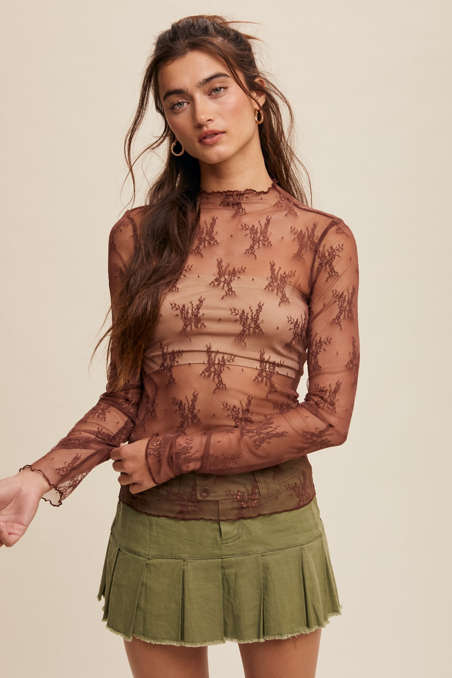 Red Bean Sheer Lace Long-Sleeve Top