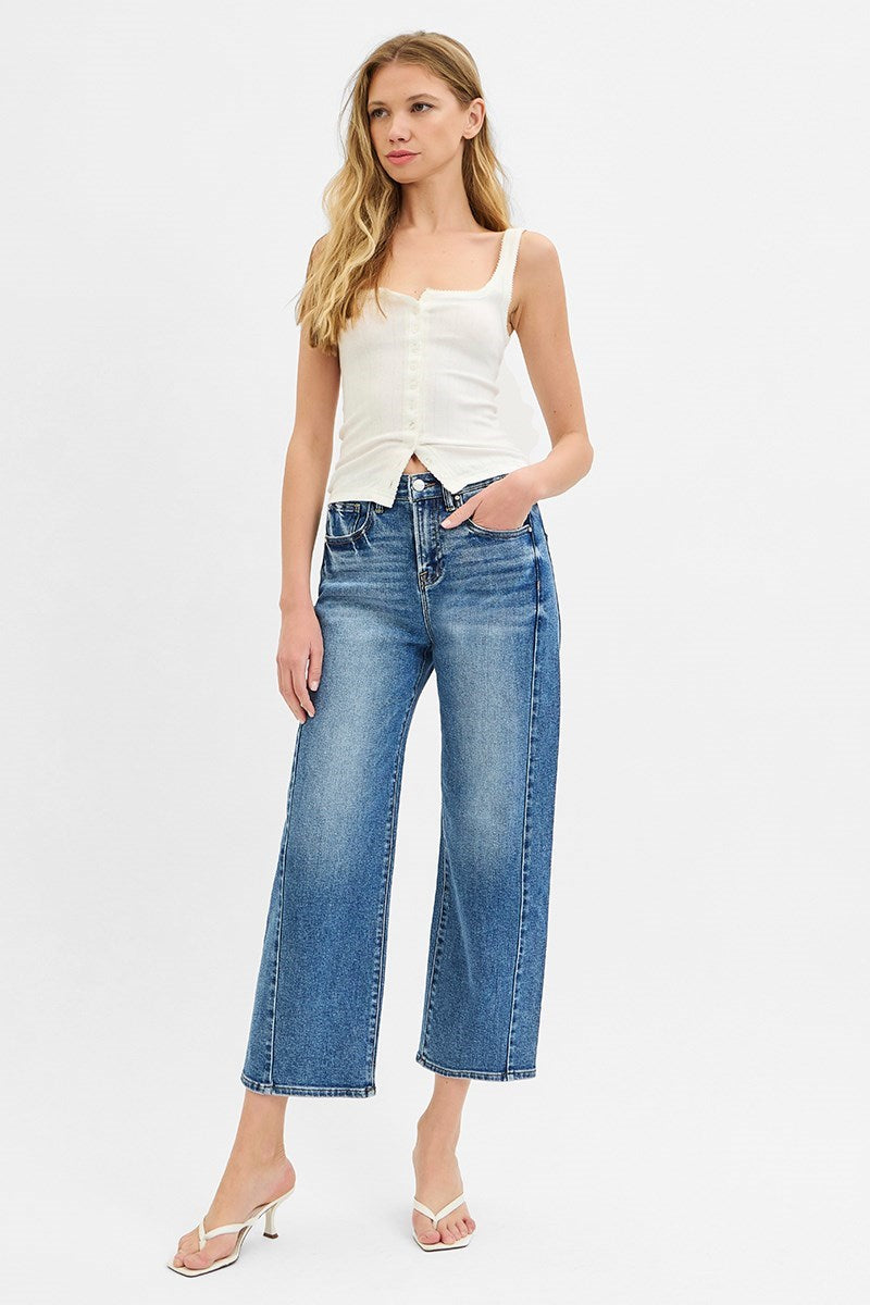RISEN HIGH RISE CROP LENGTH BARREL JEANS ADJUSTABLE WAIST BAND PGC21174 DARK