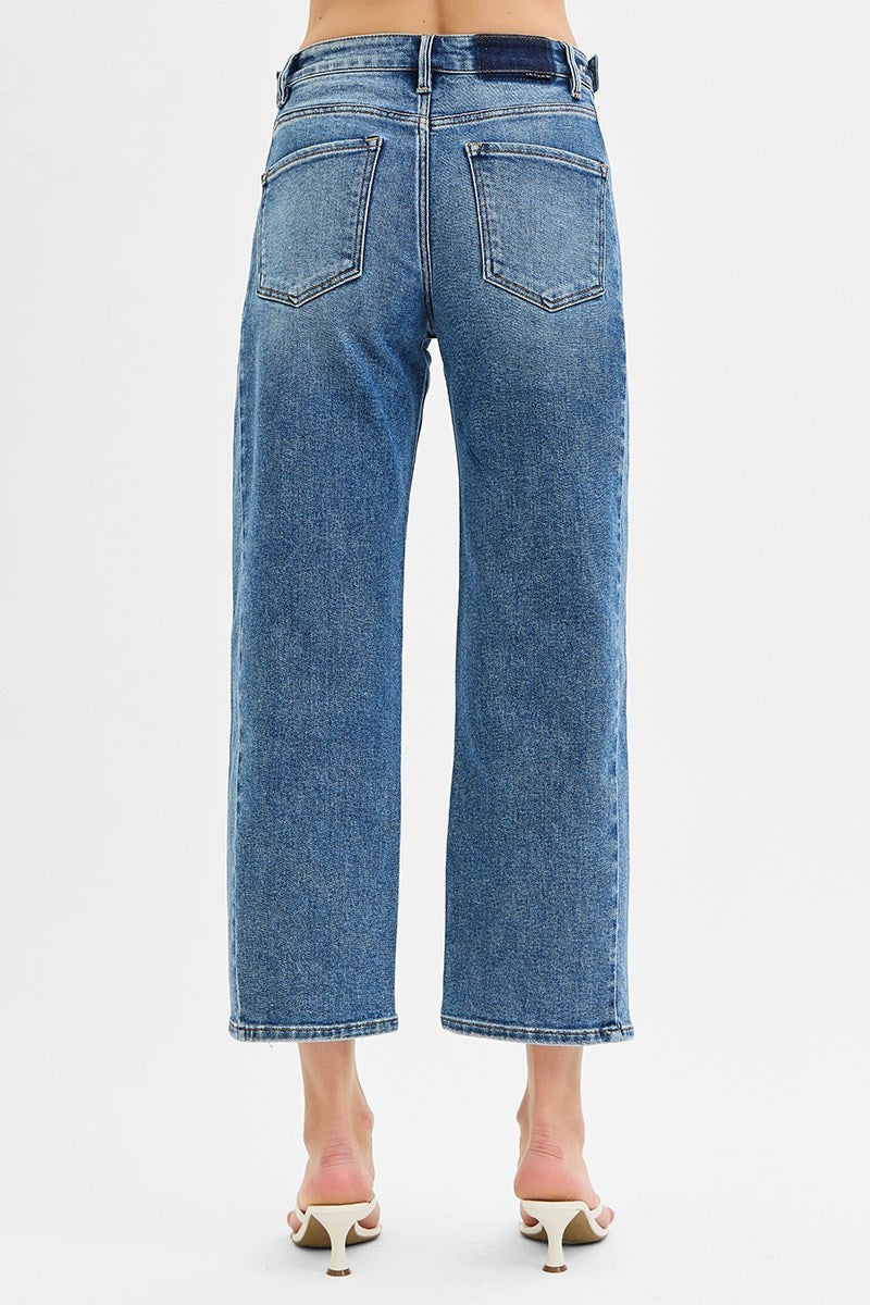 RISEN HIGH RISE CROP LENGTH BARREL JEANS ADJUSTABLE WAIST BAND PGC21174 DARK