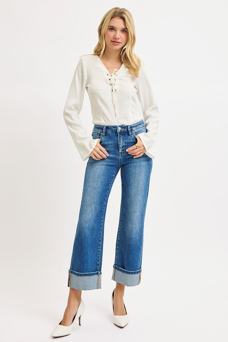 RISEN MID RISE CROP STRAIGHT CUFFED JEANS 21209