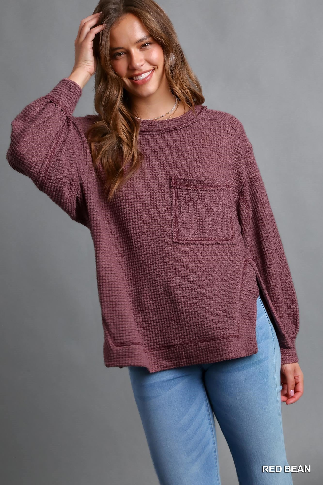 Red Bean Chunky Waffle Knit Long Sleeve Top with Side Slit
