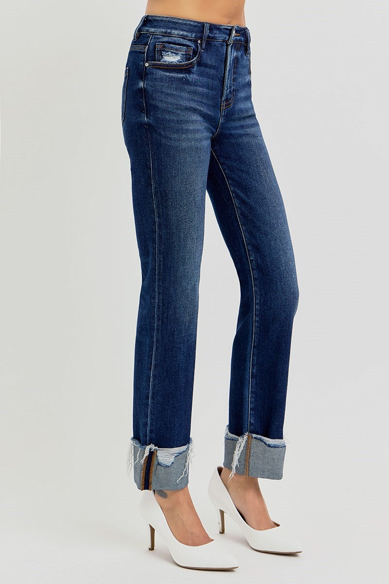 RISEN TUMMY CONTROL HIGH RISE CROP STRAIGHT CUFFED JEANS 5877