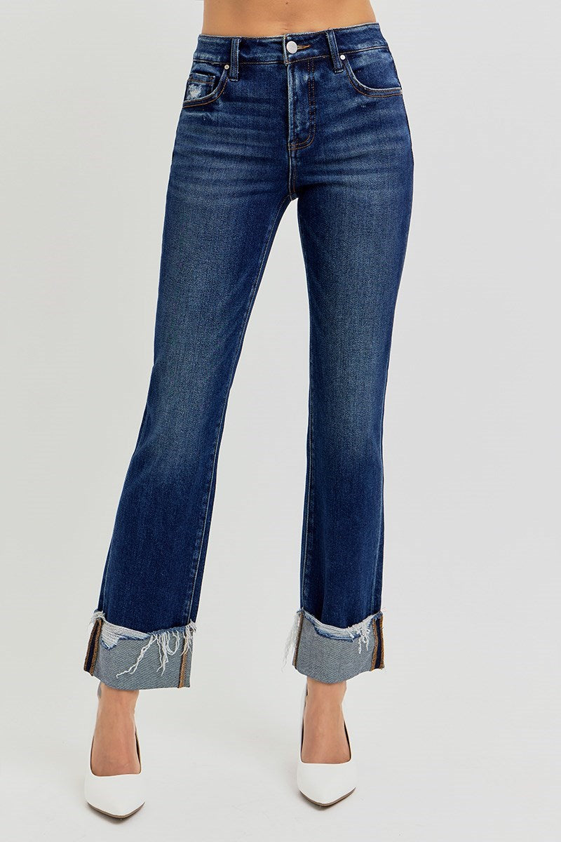 RISEN TUMMY CONTROL HIGH RISE CROP STRAIGHT CUFFED JEANS 5877