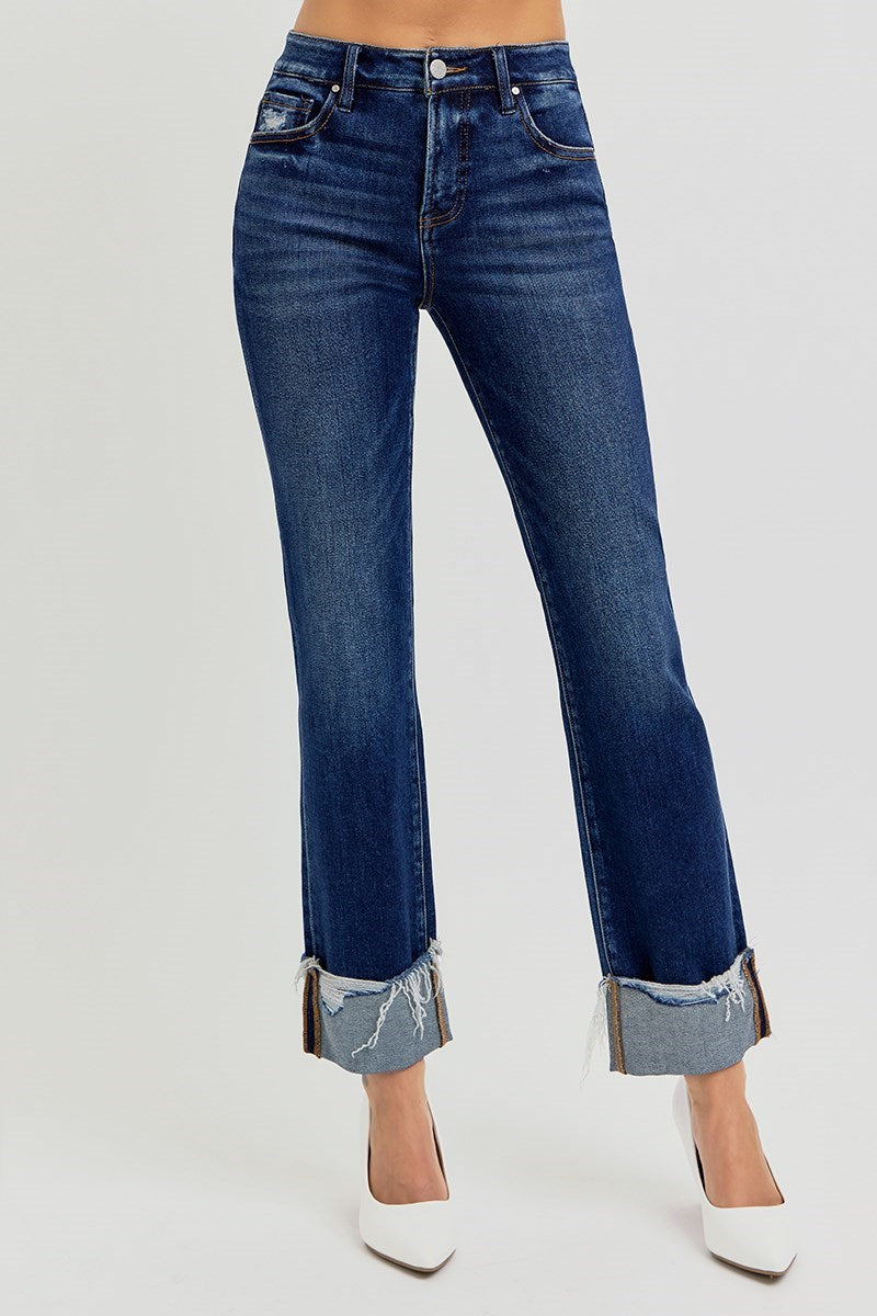 RISEN TUMMY CONTROL HIGH RISE CROP STRAIGHT CUFFED JEANS 5877