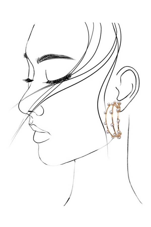 TRIPLE ROW WIRE PEARL HOOP EARRINGS | 31E03785: Gold