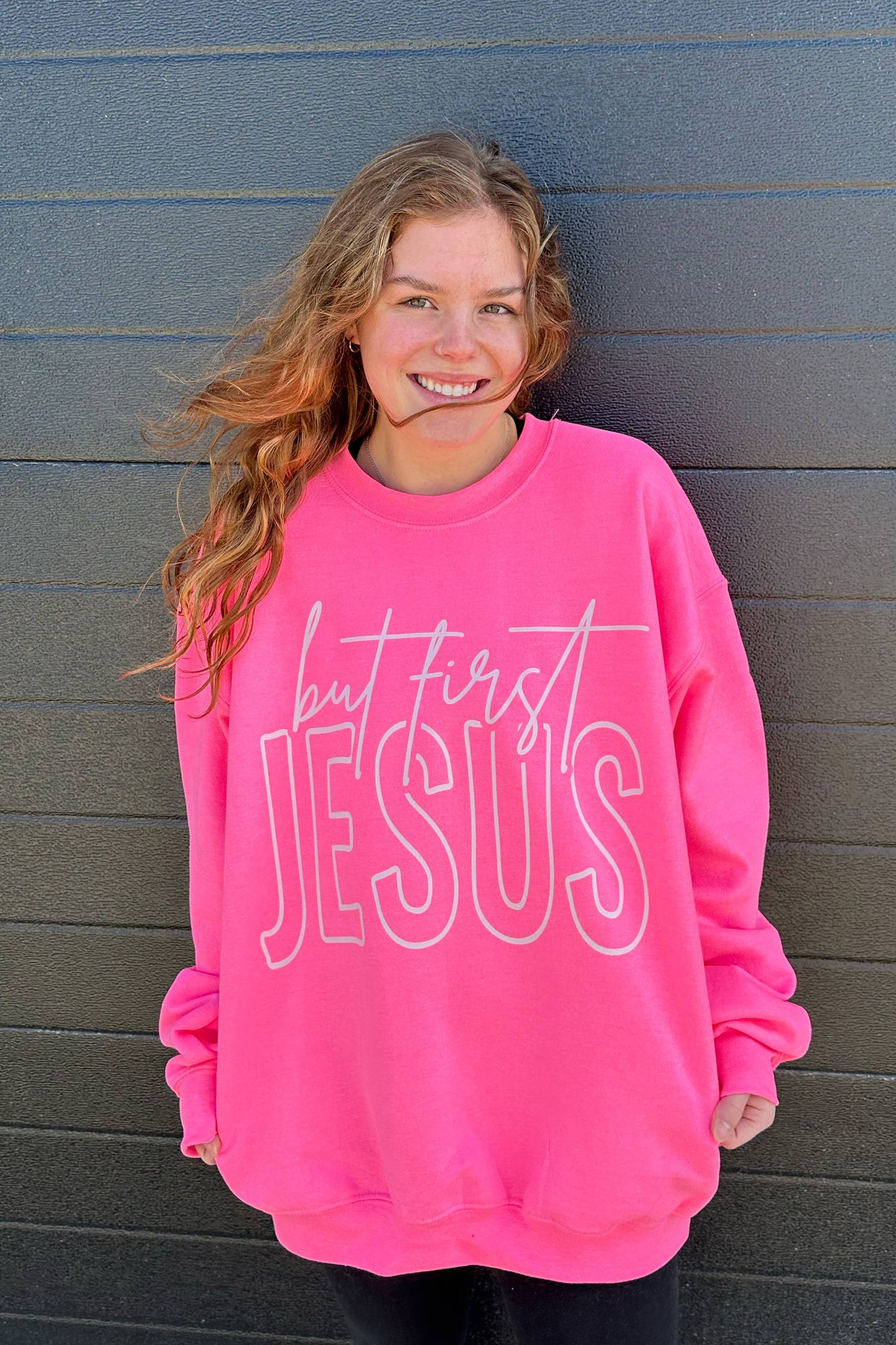 BUT FIRST JESUS PINK SWEATSHIRT