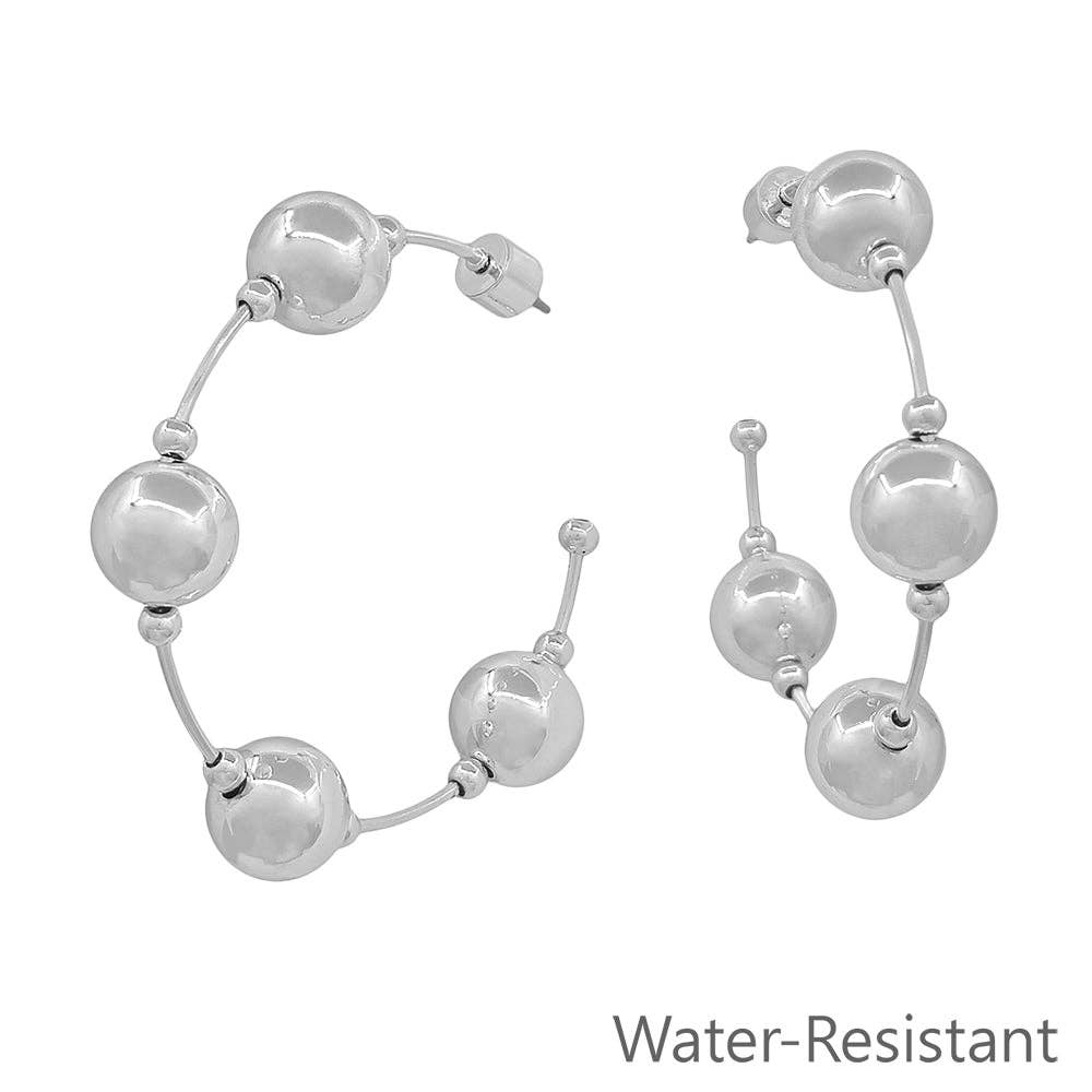 Water Resistant 2" 10MM Beaded Silver Hoop Earring