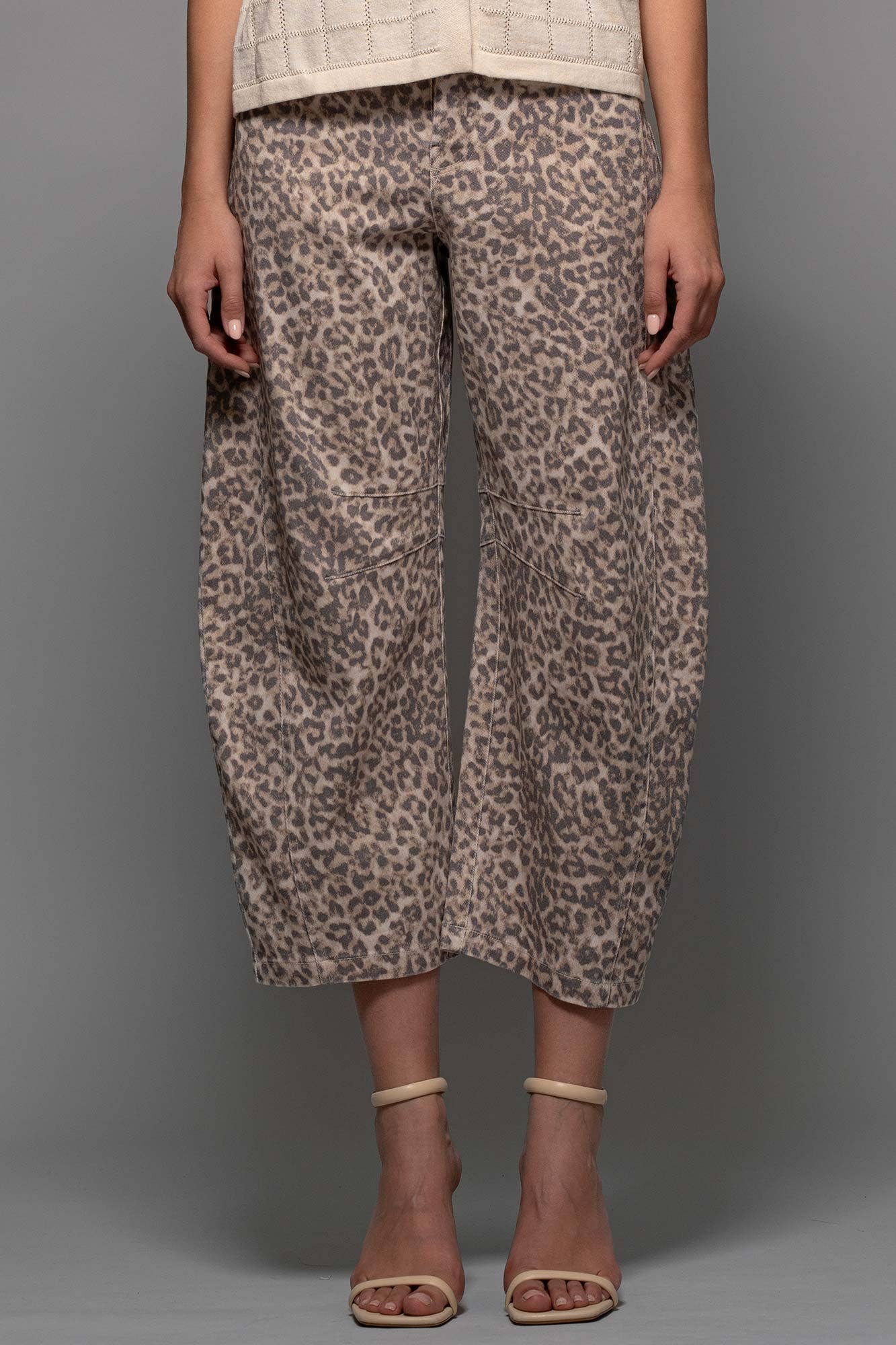Leopard Print Stitch Detail Barrel Jeans