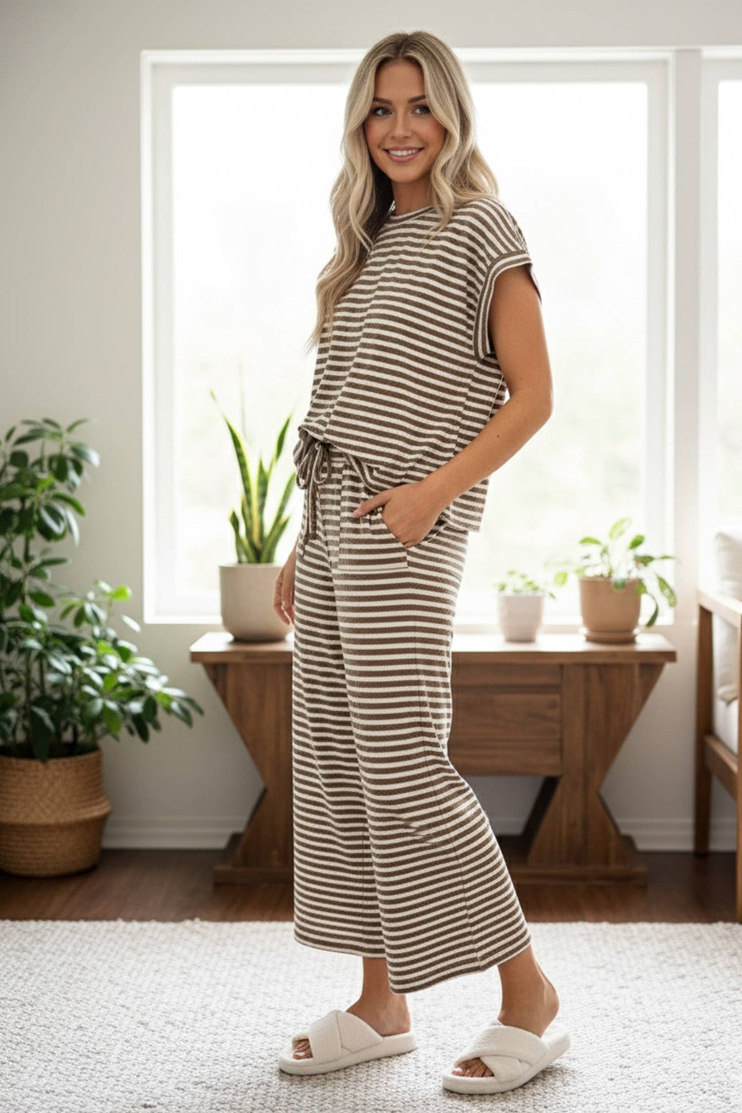 Striped Rib Top and Pants Lounge Set: TAUPE/CREAM