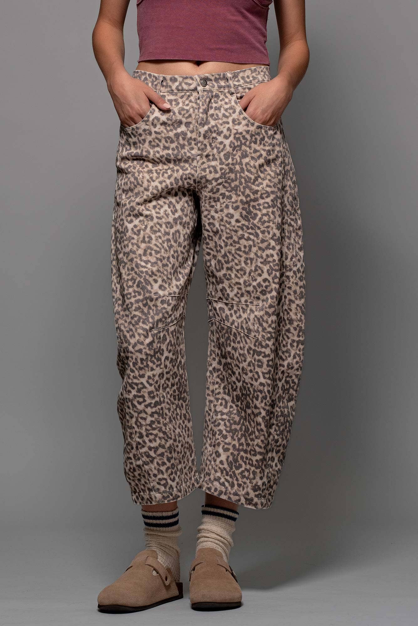 Leopard Print Stitch Detail Barrel Jeans