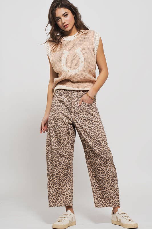 Leopard Print Stitch Detail Barrel Jeans