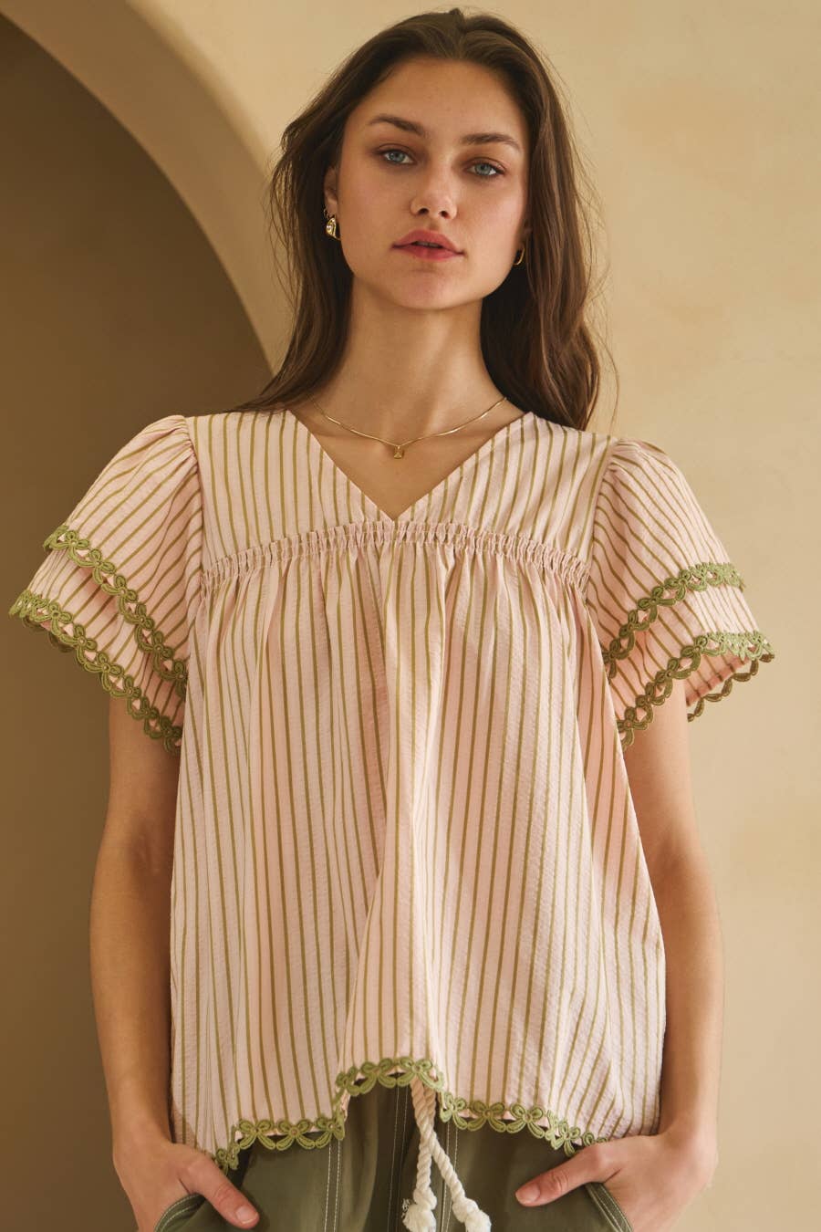 Textured Striped Fabric Flutter Sleeve Top