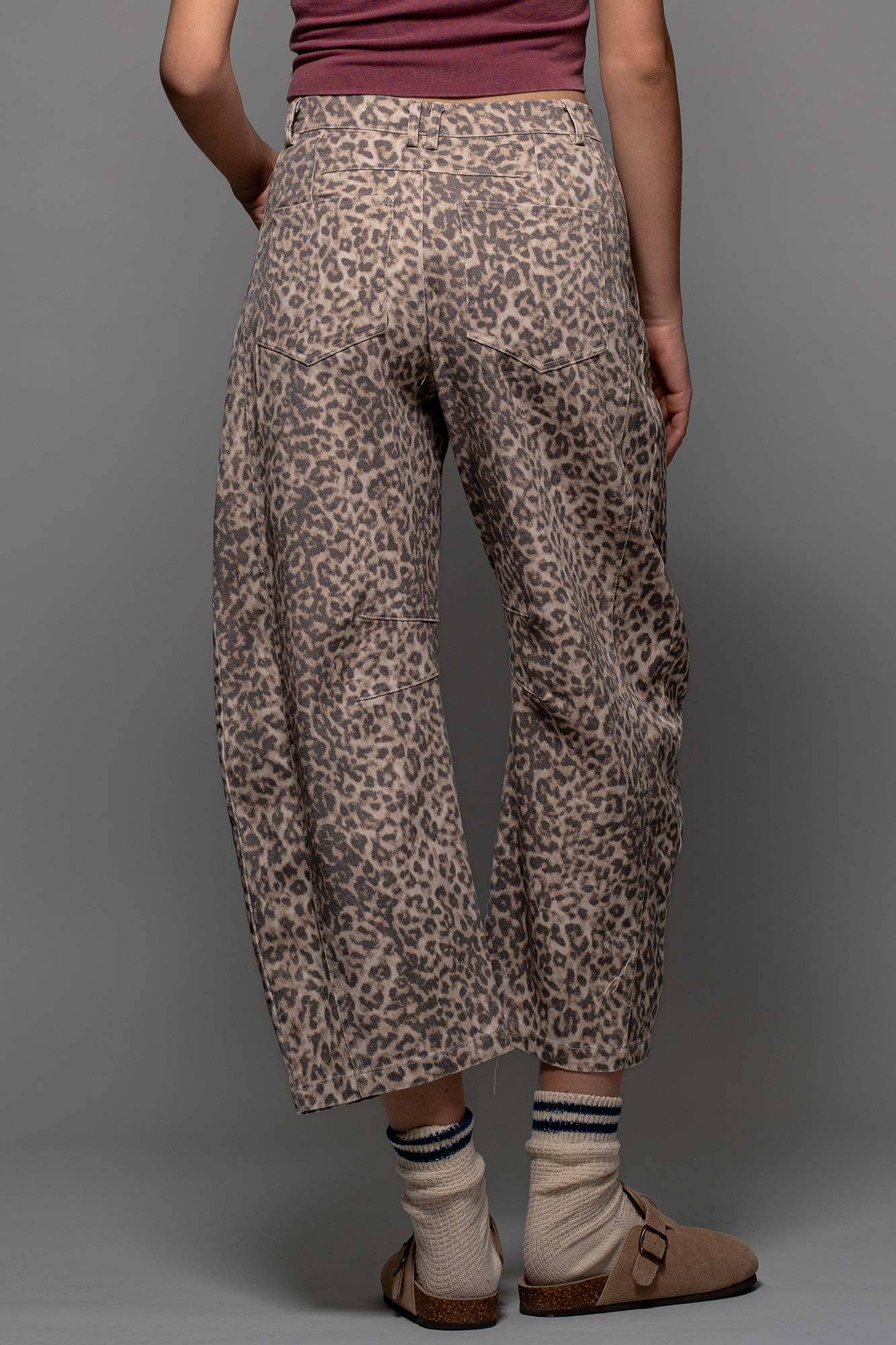 Leopard Print Stitch Detail Barrel Jeans