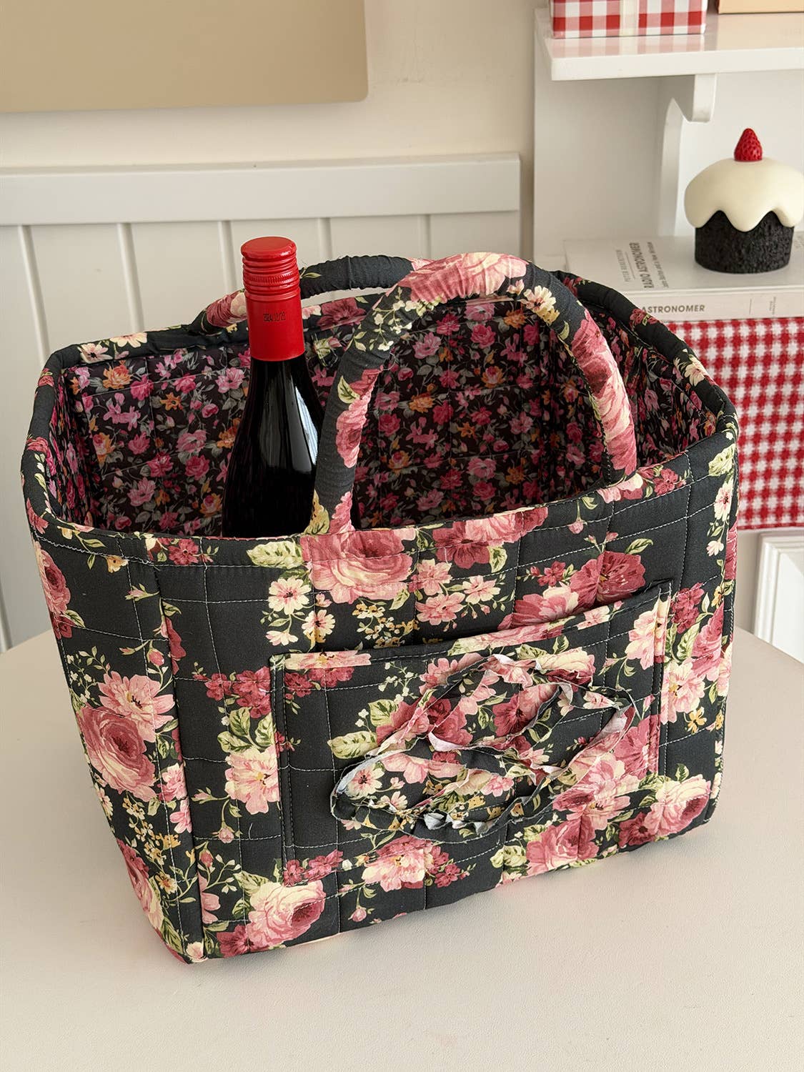 Black Quilted Storage Basket Boho Organizer Basket