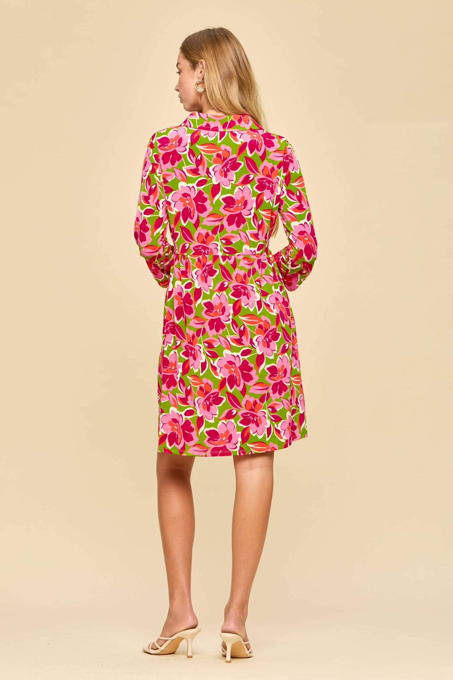 Floral Print Collared Shirt Dress w/ Pockets: LIME PINK