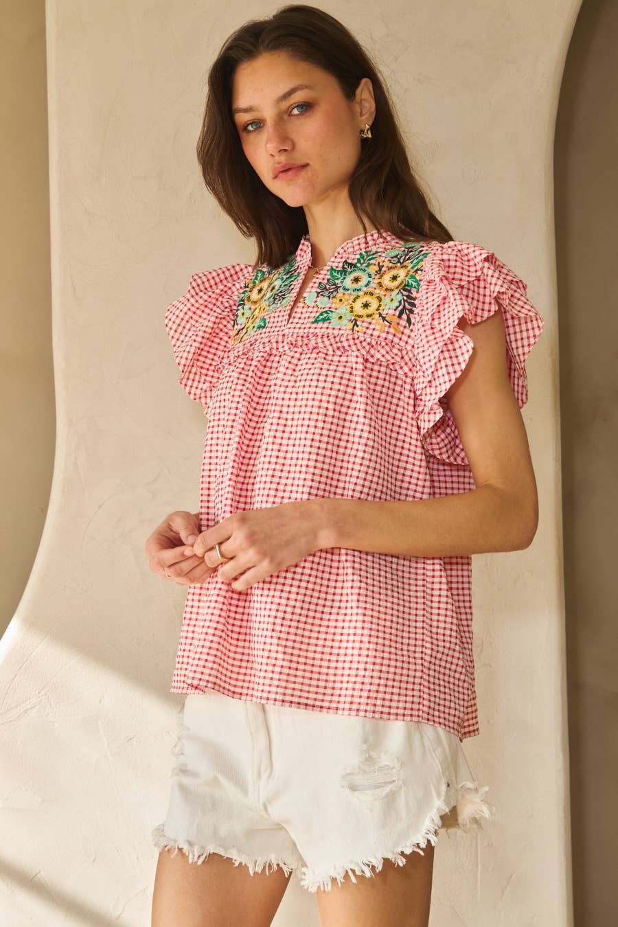 Red Seersucker Checkered Printed Top