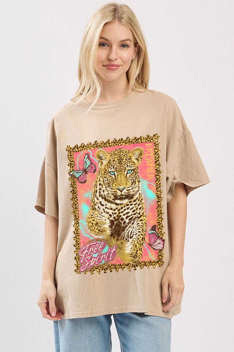 Tan Leopard Graphic Oversized Box Tee