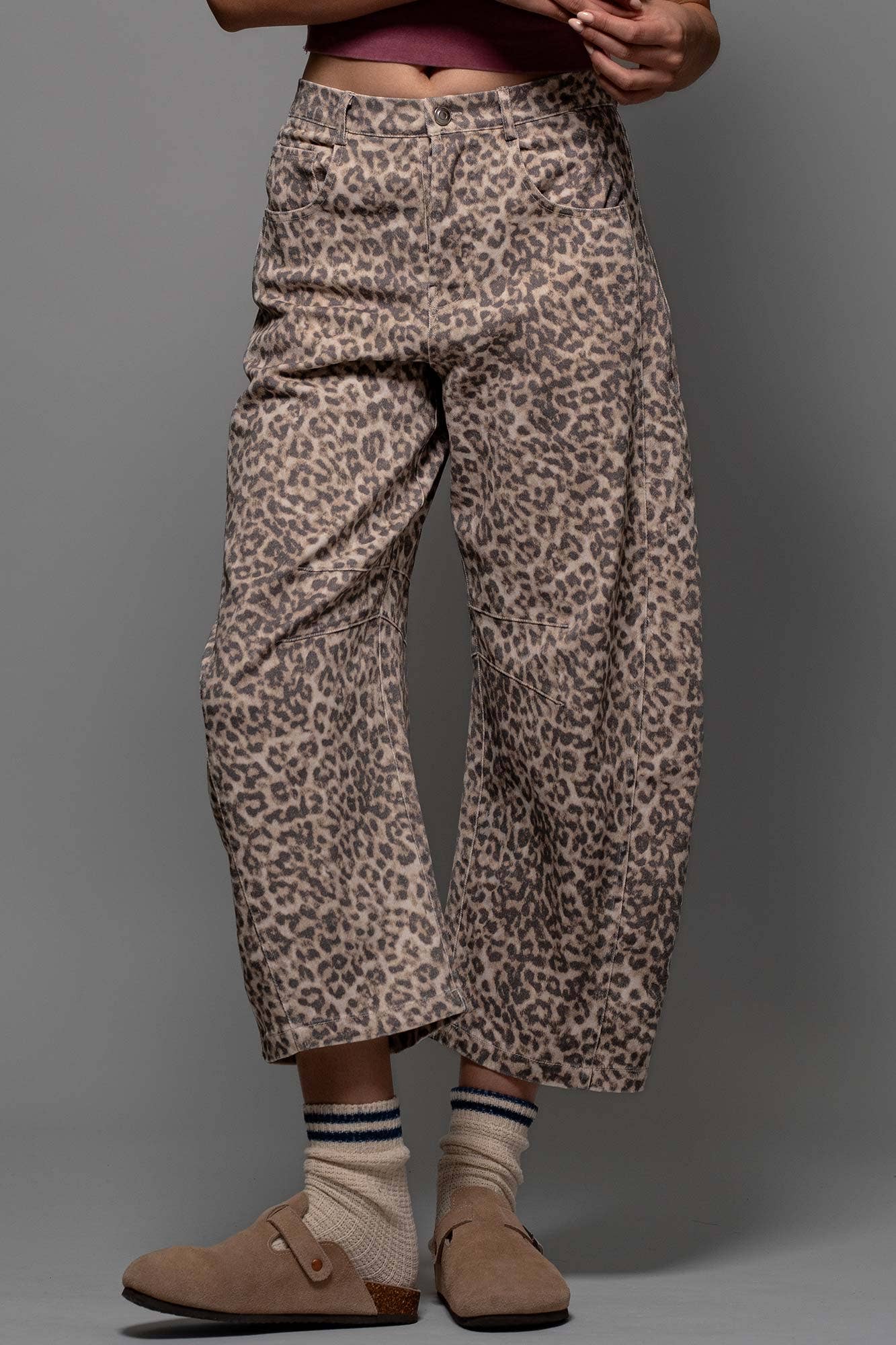 Leopard Print Stitch Detail Barrel Jeans