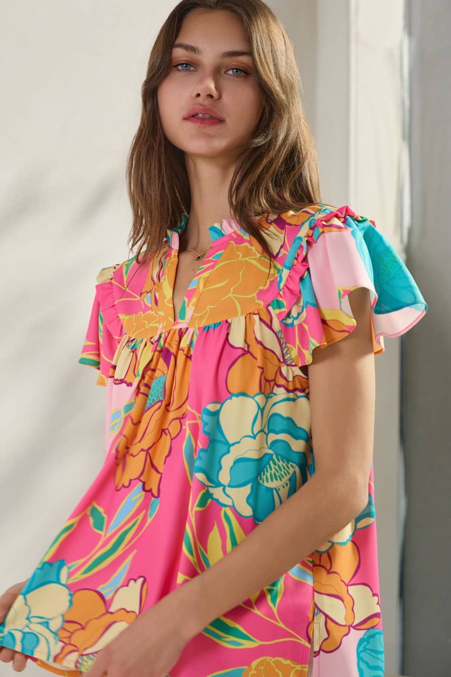 Floral Printed Ruffle Sleeve Blouse (curvy has 3/4 sleeve)