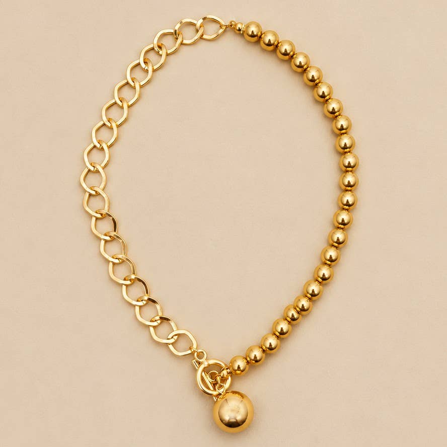 Gold-Tone Mixed Link & Round Bead Pendant Necklace | 25N380: GOLD