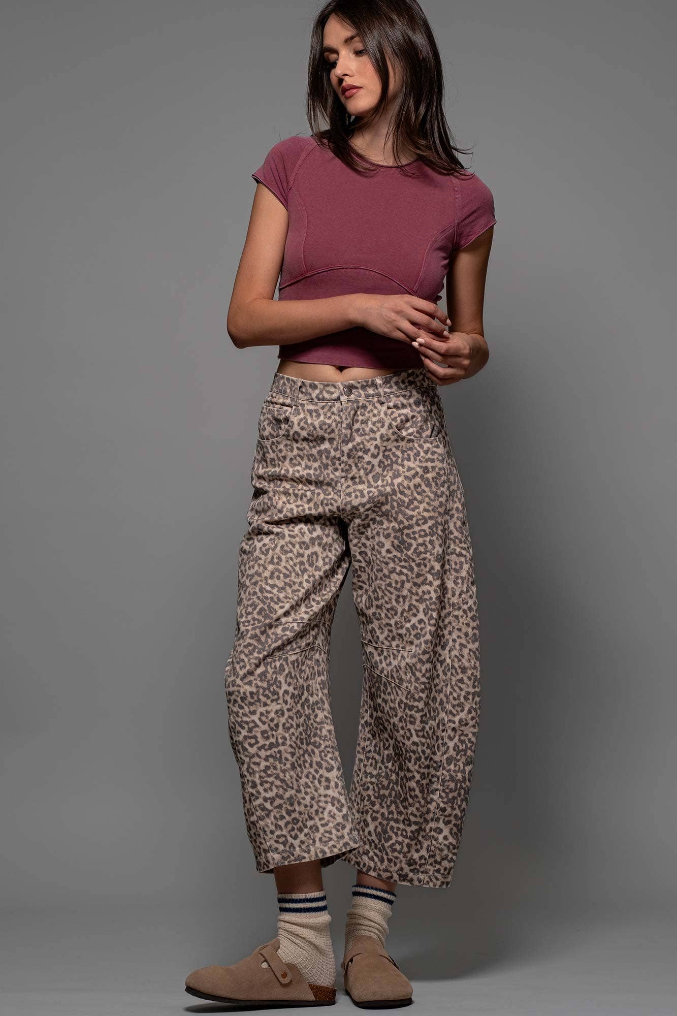 Leopard Print Stitch Detail Barrel Jeans