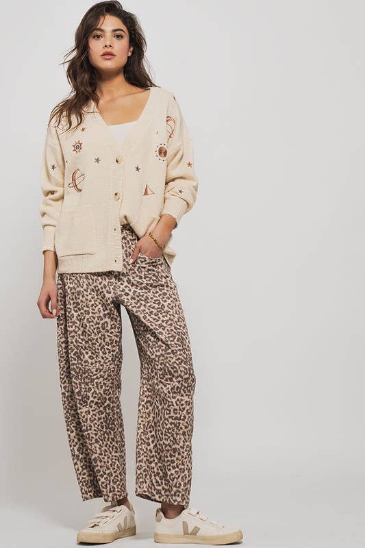 Leopard Print Stitch Detail Barrel Jeans