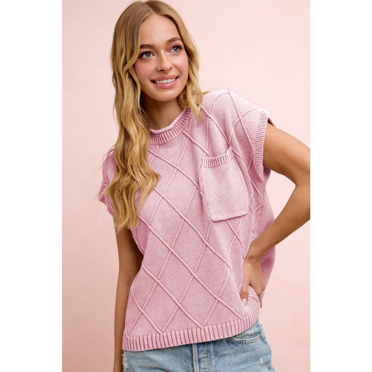 DIAMOND PATTERN WASHED KNIT DROP SHOULDER TOP: BLUSH PINK\