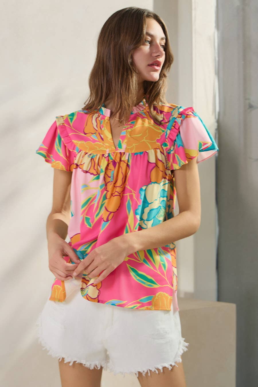 Floral Printed Ruffle Sleeve Blouse (curvy has 3/4 sleeve)