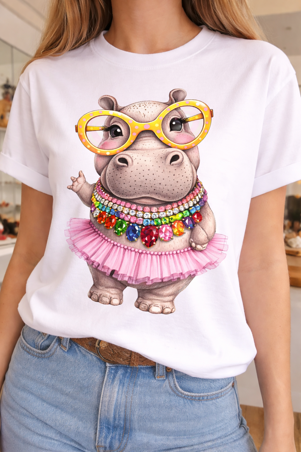 Jeweled Collar Waving Tutu Hippo on White Crew: Yes All Blinged Out