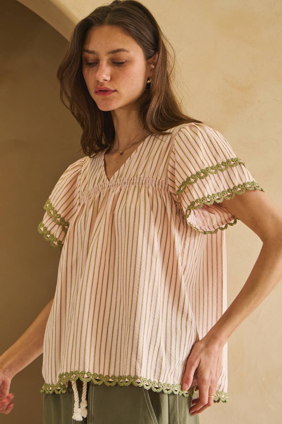 Textured Striped Fabric Flutter Sleeve Top