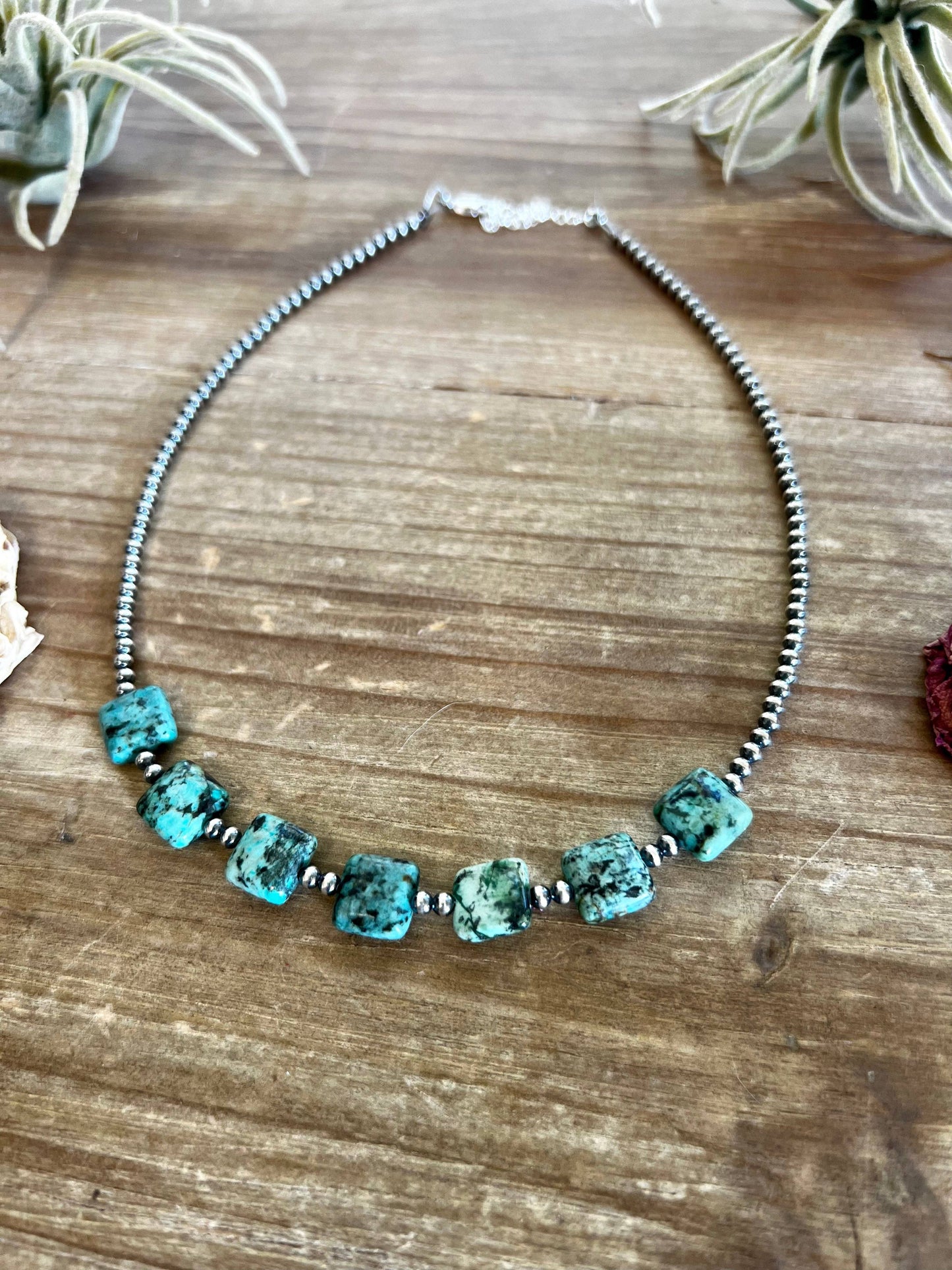 3 mm Navajo choker - real Navajo beads jewelry with flat square African Turquoise