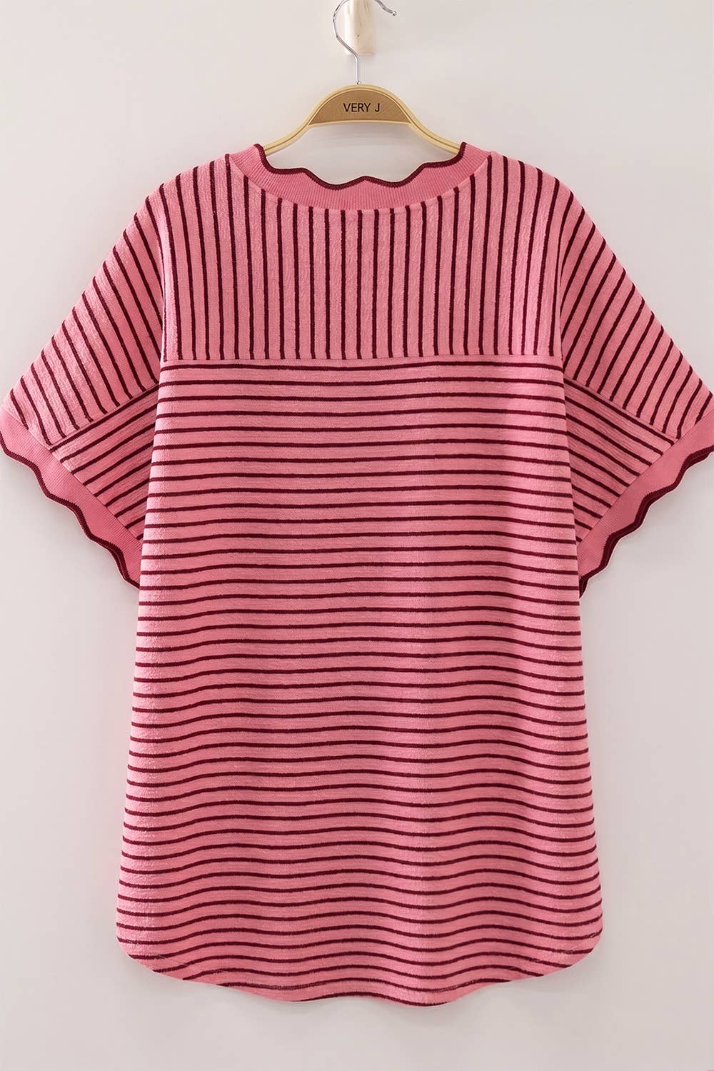 Scallop Trim Stripe Knit Top: PINK STRIPE