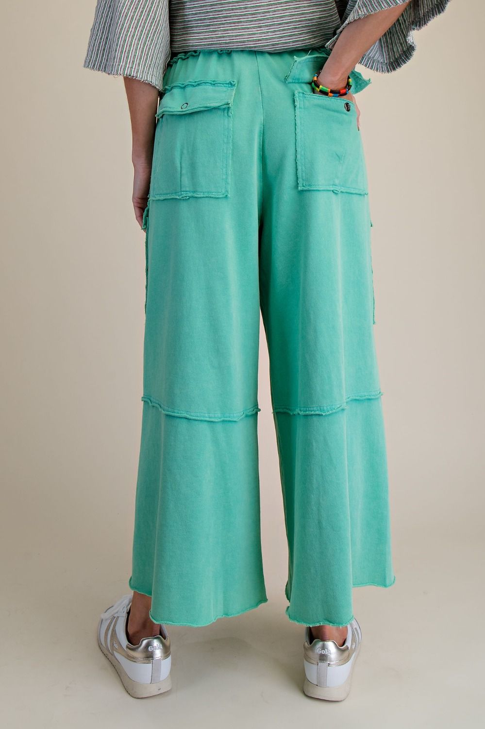 ATLANTIS GREEN WASHED WIDE LEGS TERRY CARGO PANTS
