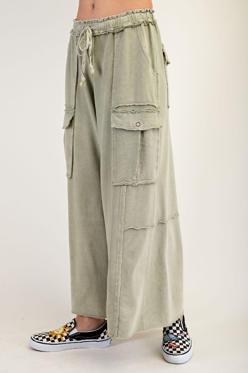 EASEL FADED OLIVE WASHED WIDE LEGS TERRY CARGO PANTS